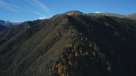 Drohnen-Dolley-Schoss-über-Einen-Hohen-Berg-Mit-Herbstlich-Gefärbten-Bäumen-In-Neuseeland