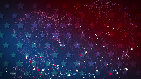 animation of fireworks exploding over stars of american flag waving