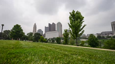 timelapse of park overlooking the skyline of columbus ohio on a foggy smoky day