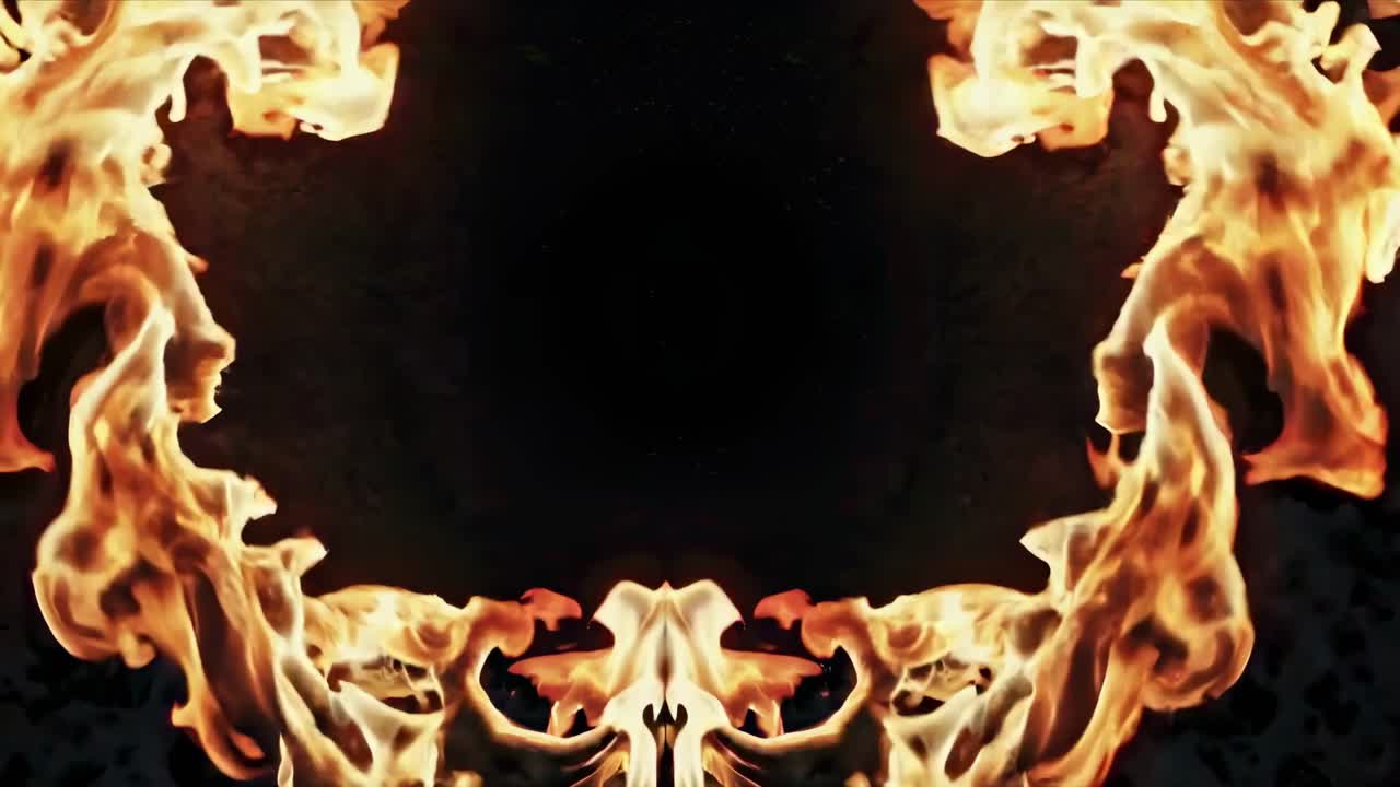 A fiery cross shape against a dark background, captured from a front angle