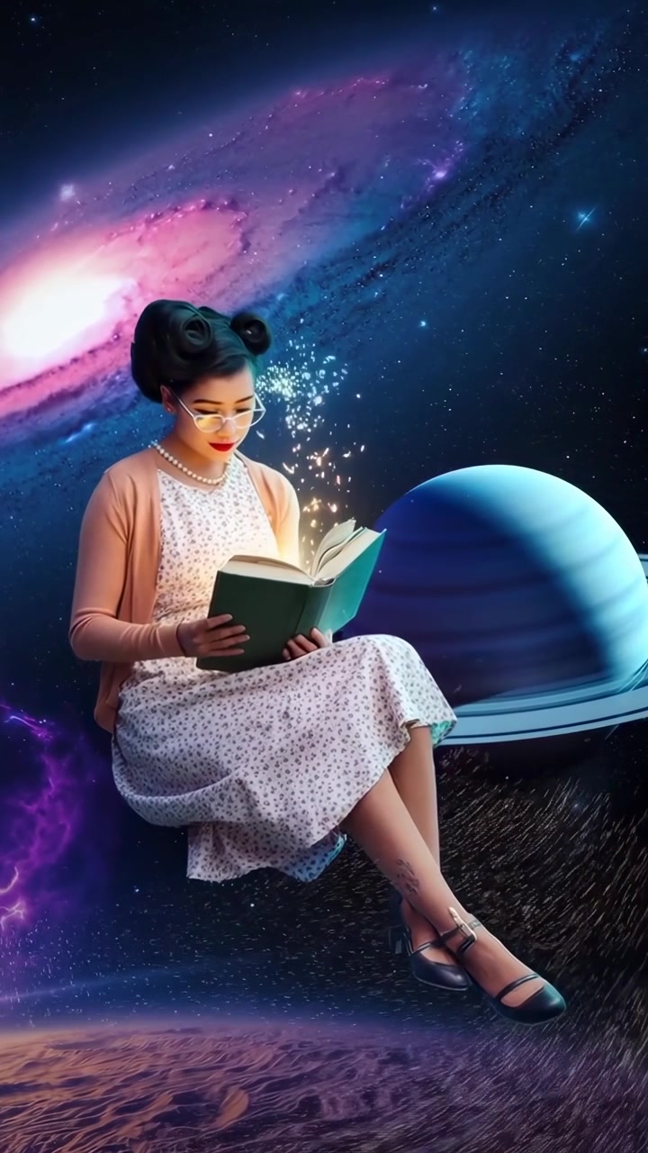 Donna che Legge un Libro Magico mentre Fluttua nello Spazio