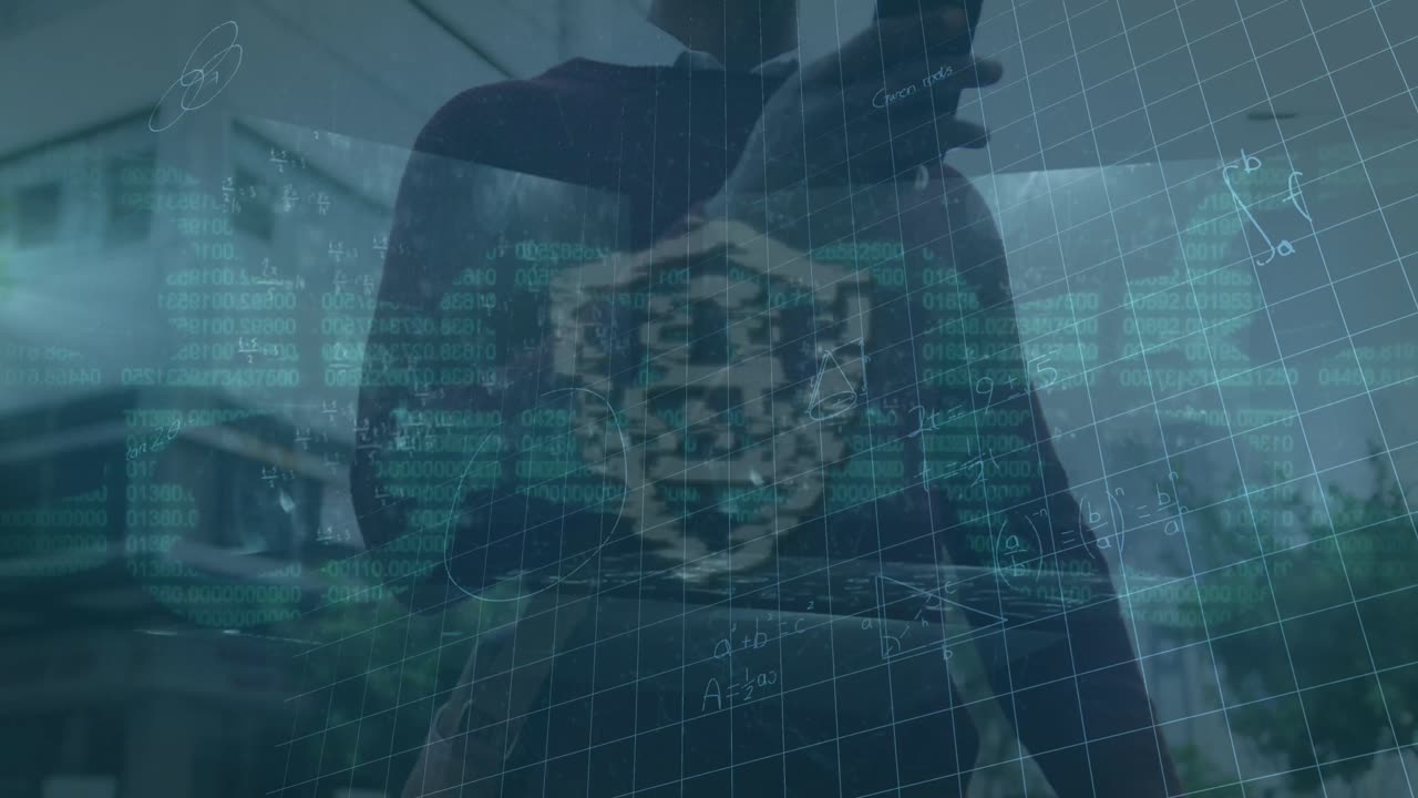 animación de un candado digital y una cadena de bloques sobre un hombre afroamericano que usa un teléfono inteligente