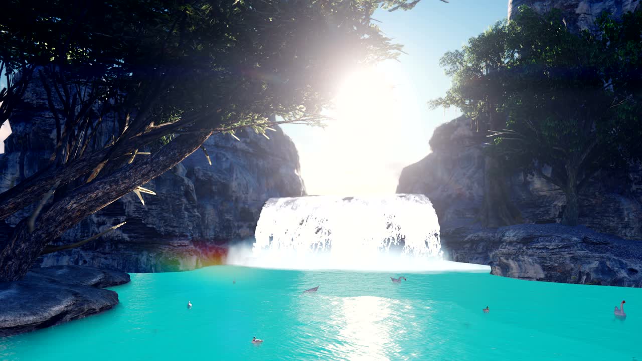 아름다운 폭포, 나무, 바위, 그리고 물고기와 새와 함께 신선한 물을 가진 산의 호수, 여행과 모험, 잃어버린 땅의 놀라운 풍경, 아름다운 자연 루프 배경.