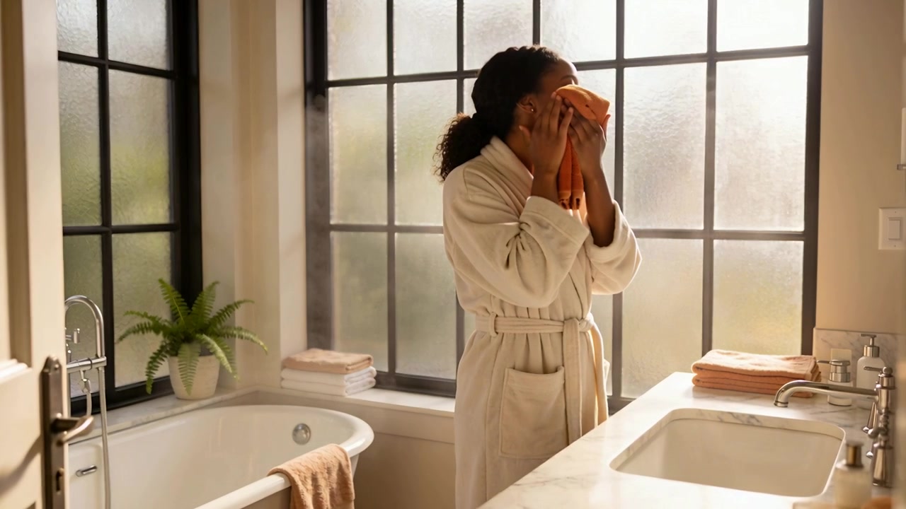 Holding orange towel, woman in white bathrobe pressing and patting face, neck at bathroom sink