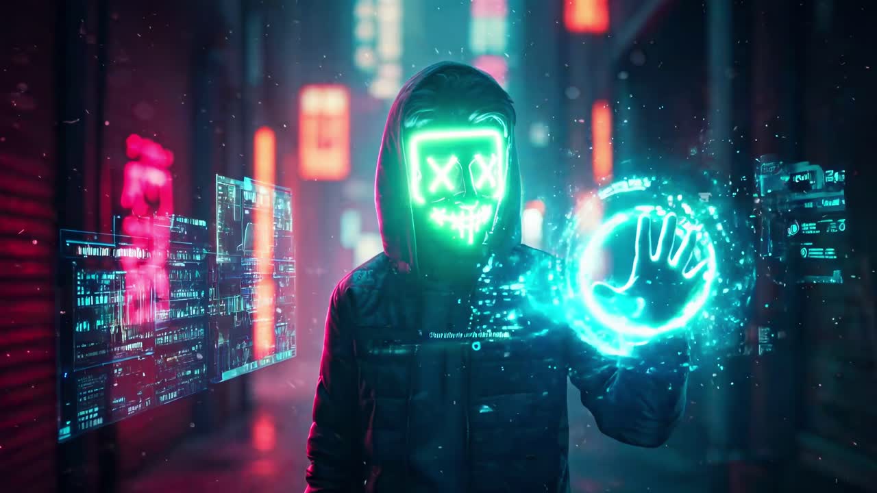 Experience a futuristic urban landscape with neon lights and a mysterious figure in a high-tech hoodie