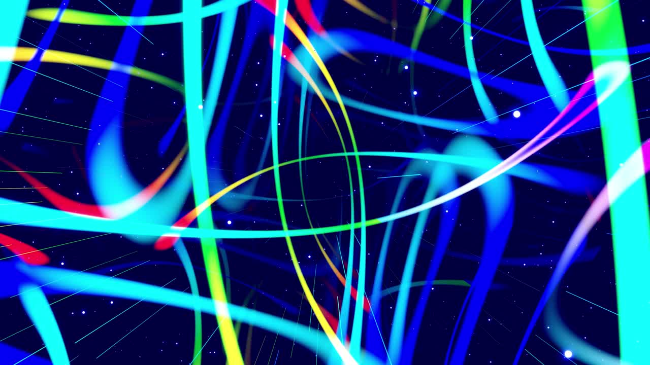 Motion graphic, camera fly in art space, multilayer structure with pattern, glow particles and lines. Ornamental texture rainbow gradient color. Motion design vj loop. Abstract colorful bg. Modern Art