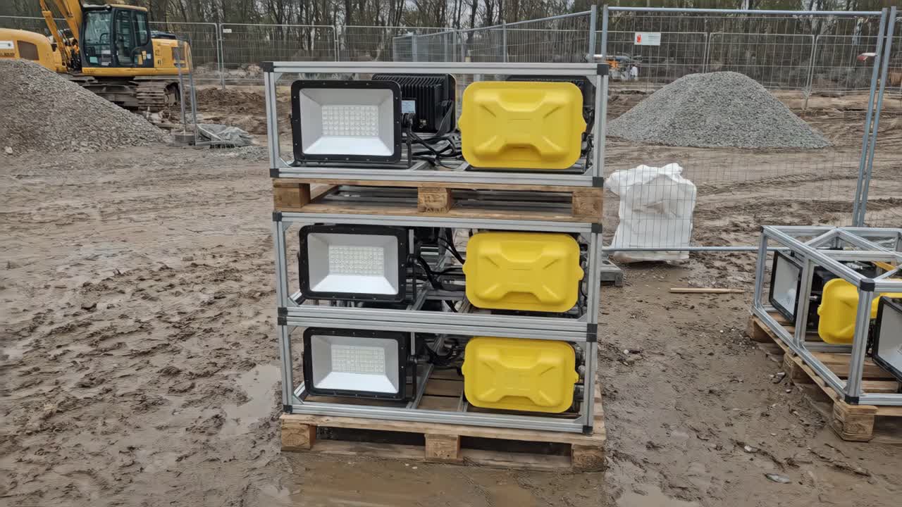 Pila di fari LED industriali su pallet in cantiere
