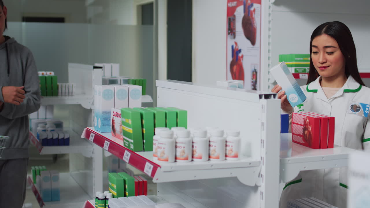 Pharmacy shelves with medication and customers