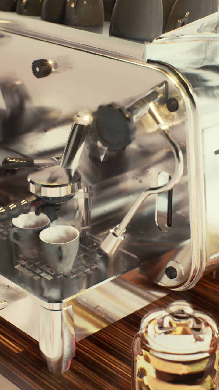 A close-up of a shiny, stainless steel espresso machine with a coffee jar and two cups in the foreground
