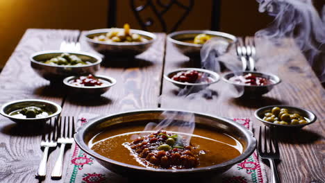 steaming hot soup with side dishes