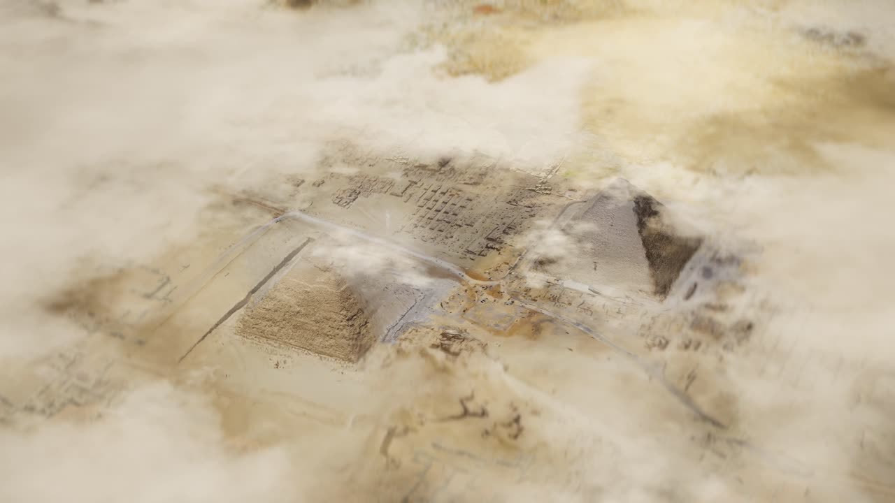 Aerial Shot Of Egyptian Pyramids In Giza Under Moving Clouds. Giza Pyramids Under Clouds