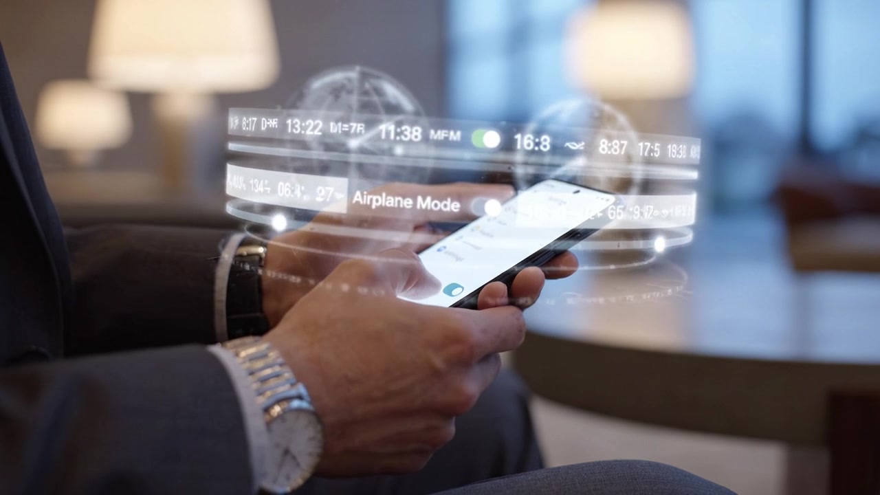 Man using smartphone while sitting in a modern, stylish lounge with soft lighting, reflecting a blend of technology and comfort in a sophisticated environment.