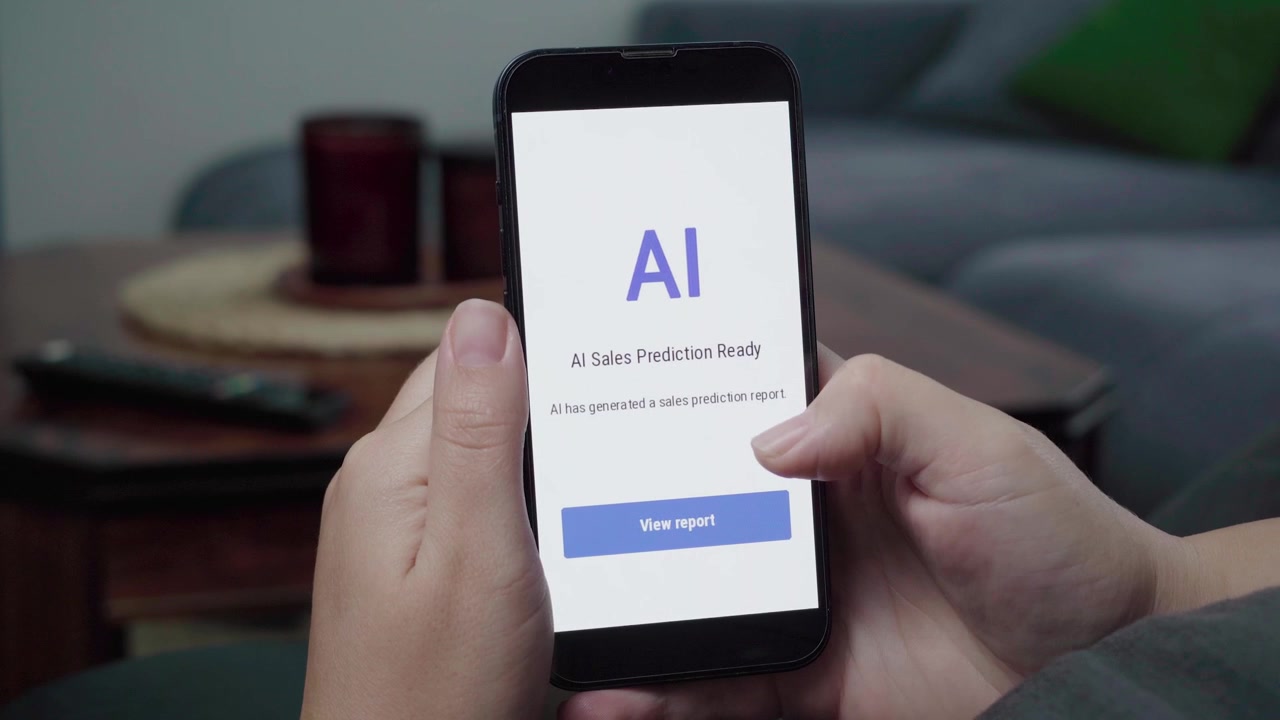 Un utente rilassato guarda uno smartphone che mostra una schermata di report "Previsione Vendite AI Pronta" con un'azione blu "Visualizza report".