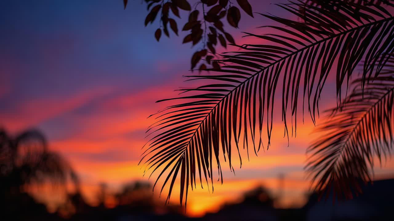 A Breathtaking Landscape at Dusk: Silhouetted Palm Fronds Against a Vivid Multicolored Sunset Sky Creating a Serene Evening Atmosphere