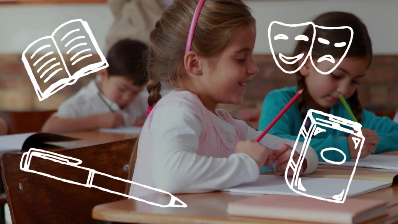 Classroom students writing lessons, white book pen mask textbook icons fading in, camera panning