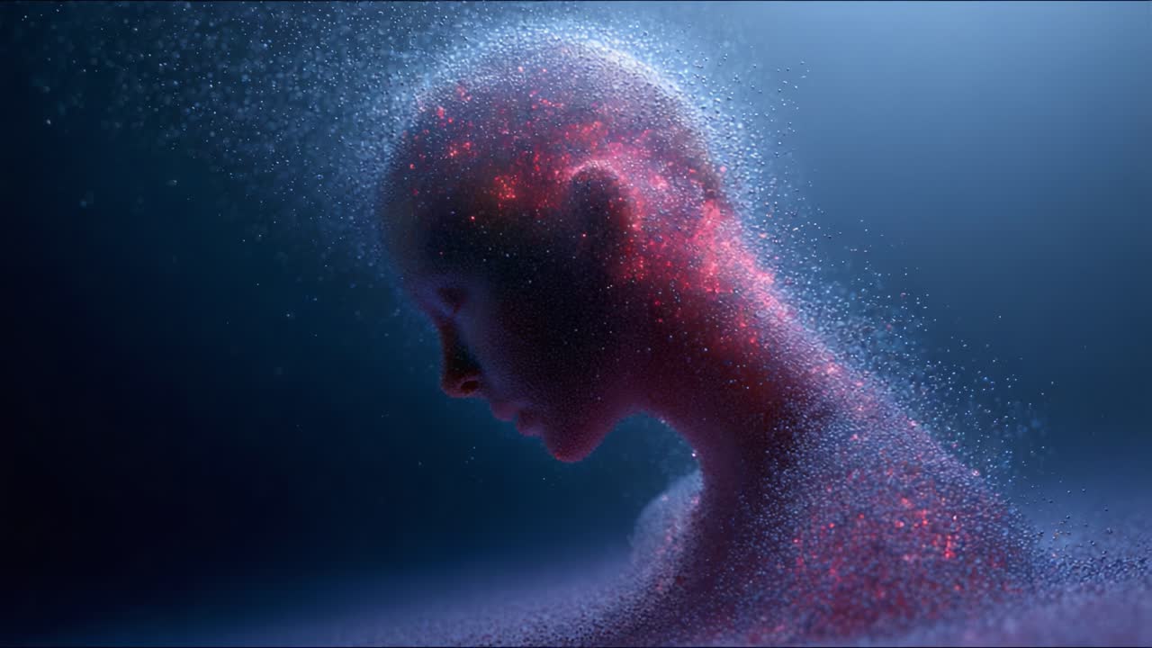 Una straordinaria visualizzazione di una forma umana digitale che si evolve in un ambiente di particelle mistiche, che rappresenta l'intersezione tra tecnologia ed emozione umana
