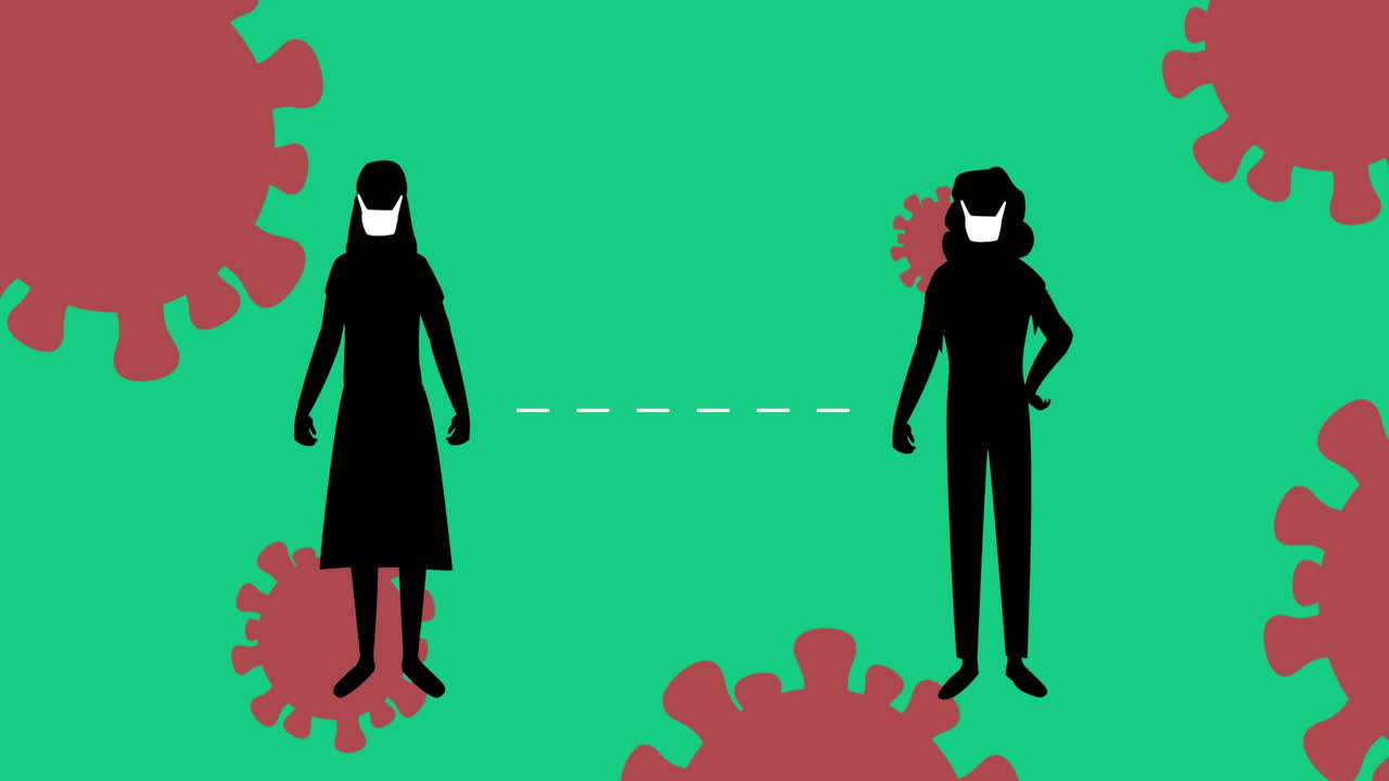 Silhouette of two woman wearing face mask maintaining social distancing against Covid-19 cells