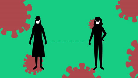 코로나19 세포에 대한 사회적 거리를 유지하는 마스크를 착용한 두 명의 여성의 실루 ⁇