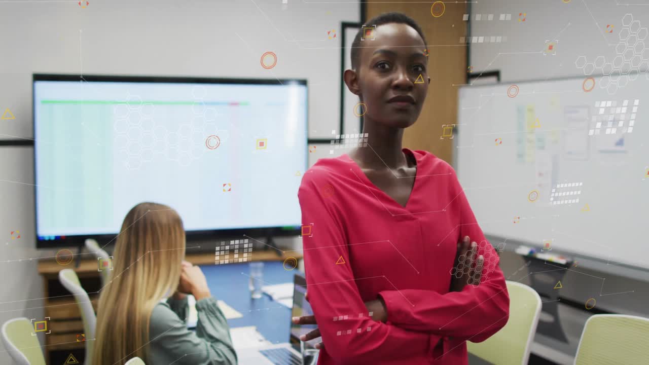 Professional women collaborating in business meeting showing chart data with animated graph icons