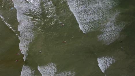 Birds-eye-drone-shot-of-surfers-at-Muizenberg-beach,-Cape-Town---docents-of-surfers-trying-to-catch-a-wave