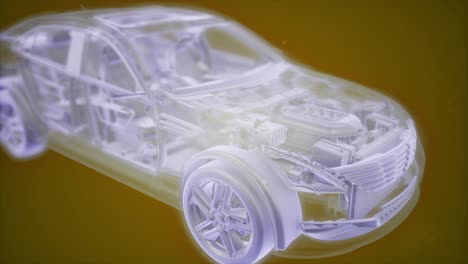 엔진이 있는 3d 와이어프레임 자동차 모델의 홀로그래픽 애니메이션
