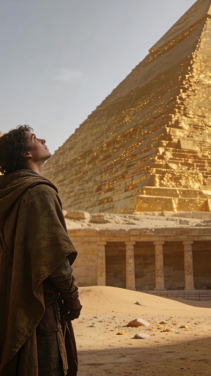Video verticale: Uomo che si avvicina e studia una piramide d'oro scintillante in un tempio, indossando un mantello, con spazio per il testo