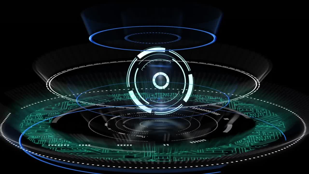 검은 바탕에 여러 네온 라운드 스캐너를 통해 마이크로프로세서 연결