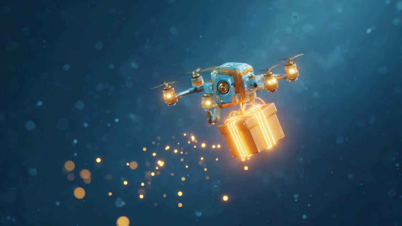 A futuristic drone equipped with glowing lights carefully transports a beautifully designed gift box through a captivating, dynamic background filled with vibrant particles and colors