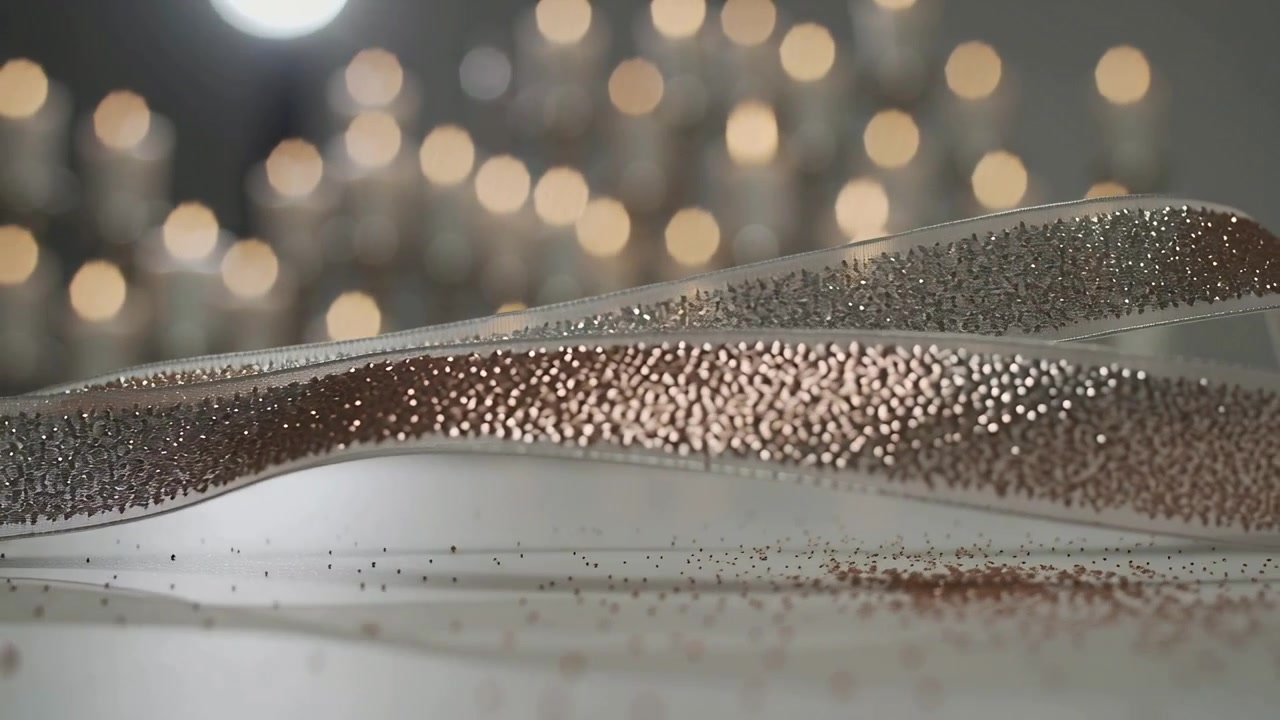 Lifting silver and rose-gold glitter ribbons forming S-shaped waves on white table