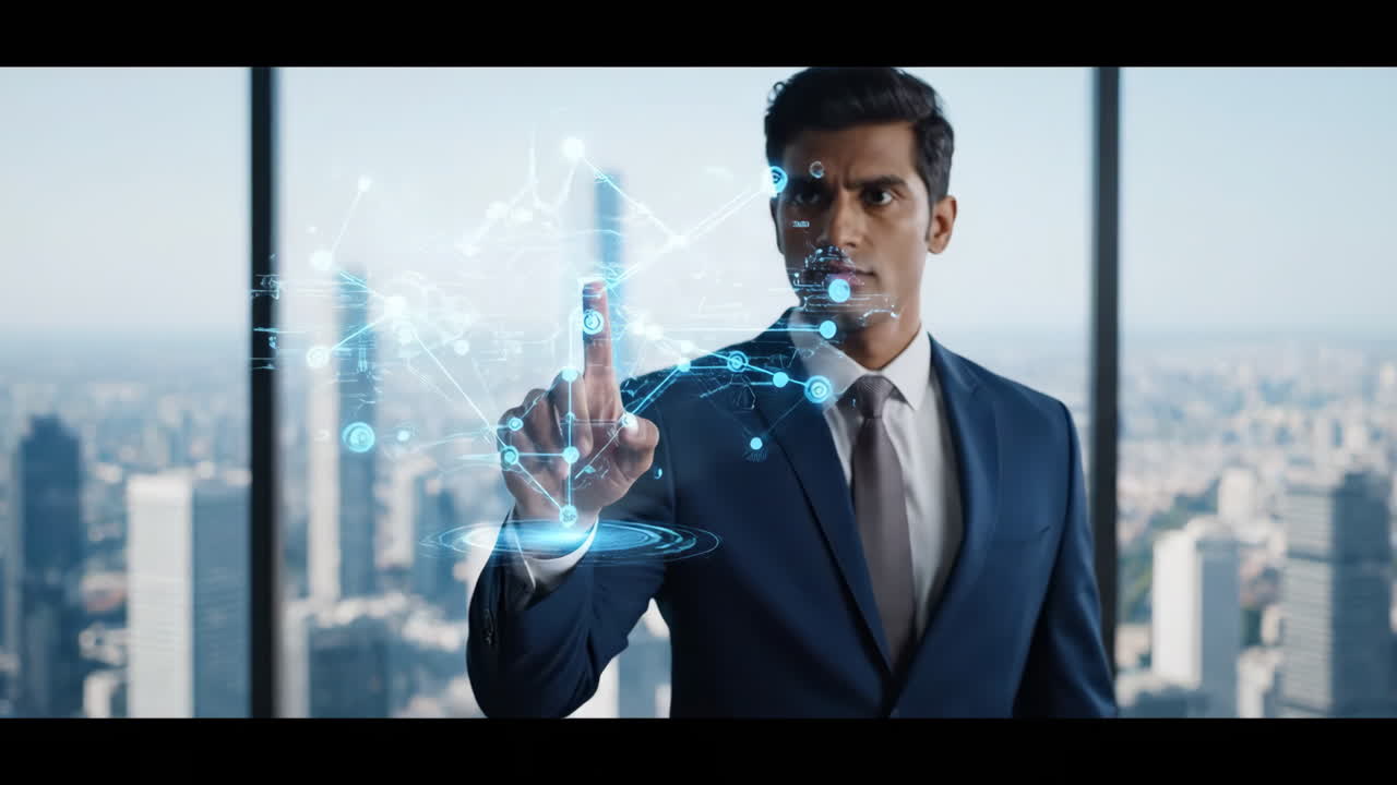 Businessman Interacting with Futuristic Holographic Interface in Modern Office