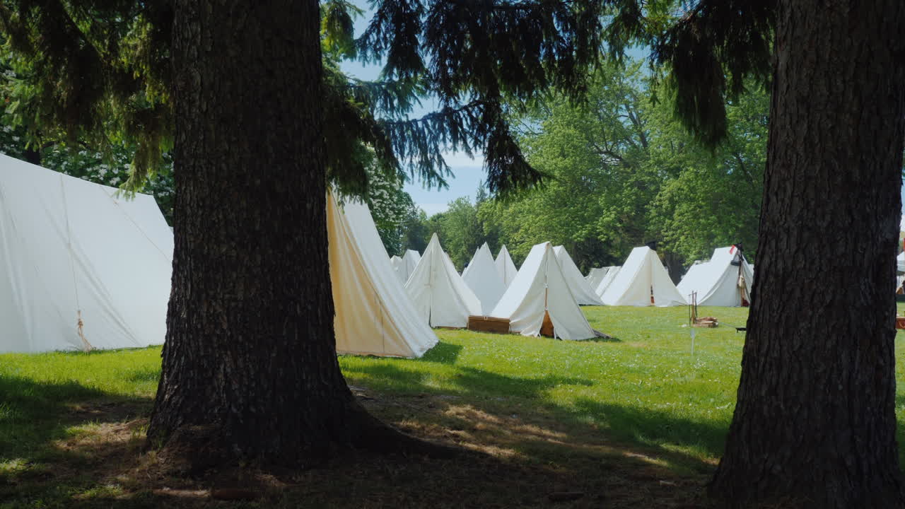오래된 군사 캠프 텐트 행은 전쟁 시대의 숲 재건에 서 있습니다.