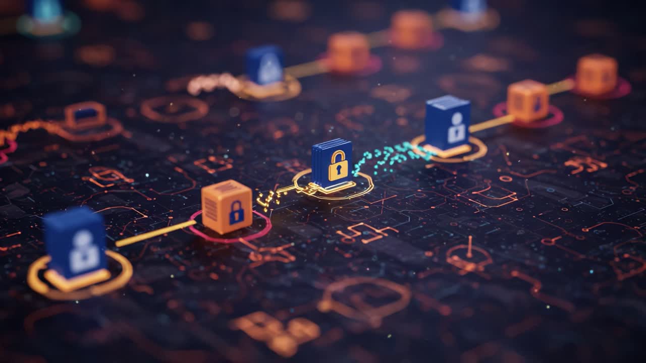 A Visual Representation of Digital Security and Connectivity: An Abstract Art Illustration Showcasing Network Processes, Locks, and Data Flow in a Futuristic Style
