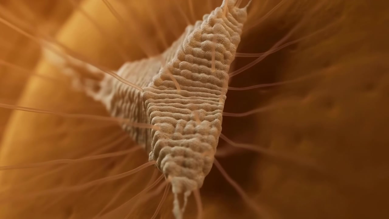 Movimento macro ripreso dal basso che mostra una struttura biologica allungata e segmentata che si muove leggermente in avanti e ruota verso la telecamera mentre sottili filamenti traslucidi