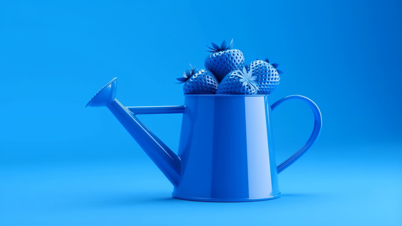 Arrosoir bleu monochromatique avec des fraises