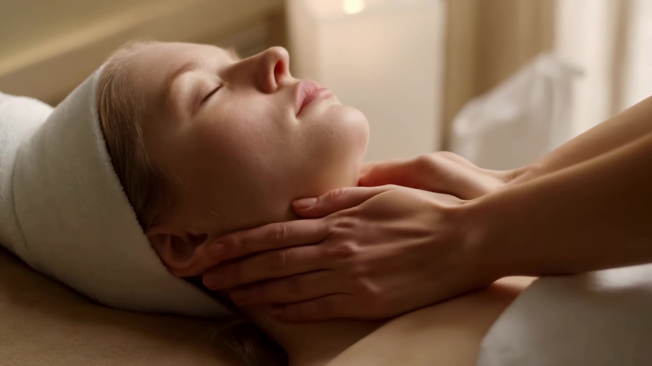 Nærbillede af professionel spa-behandling med terapeutens hænder, der udfører beroligende strøg langs kæbe, nakke og øvre bryst, mens klienten ligger afslappet på behandlingslejet med lukkede øjne og rolig.