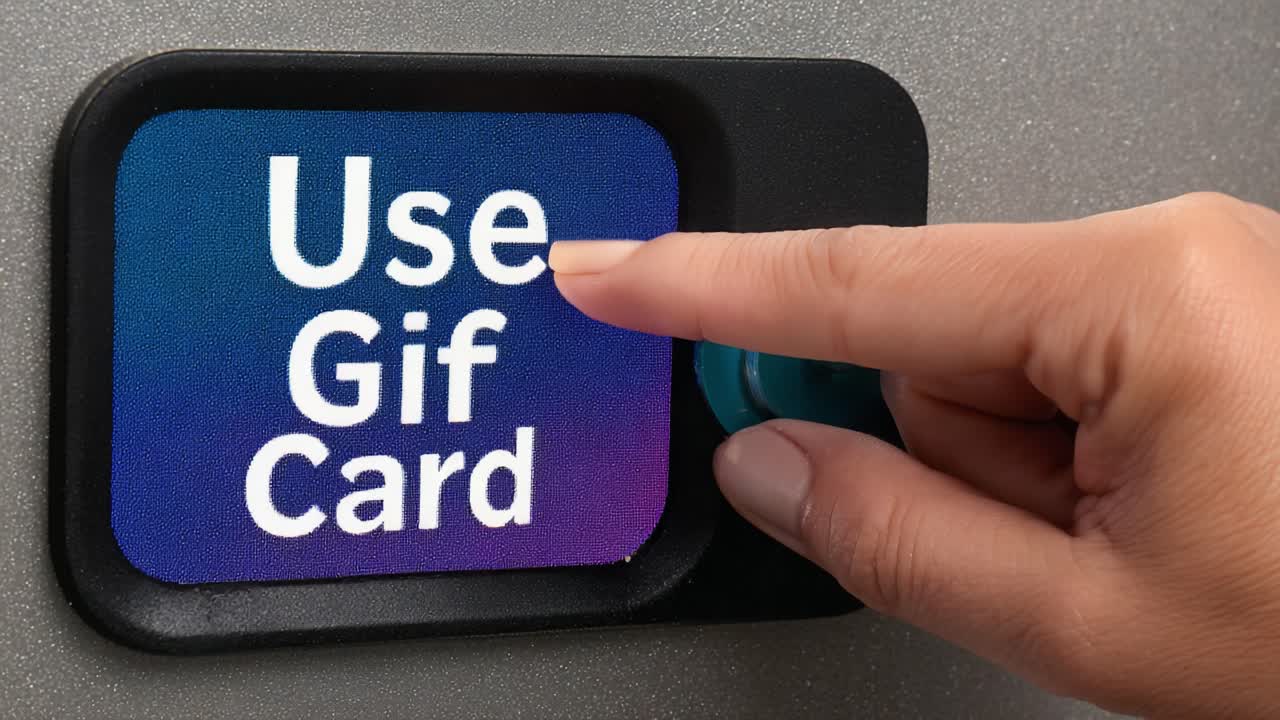A hand reaching out to activate a 'Use Gif Card' button on a device, illustrating the modern transaction method and user interaction with digital payment systems through gift cards