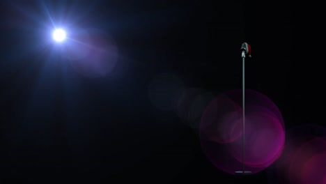 animation of light and vintage microphone in santa hat on black background