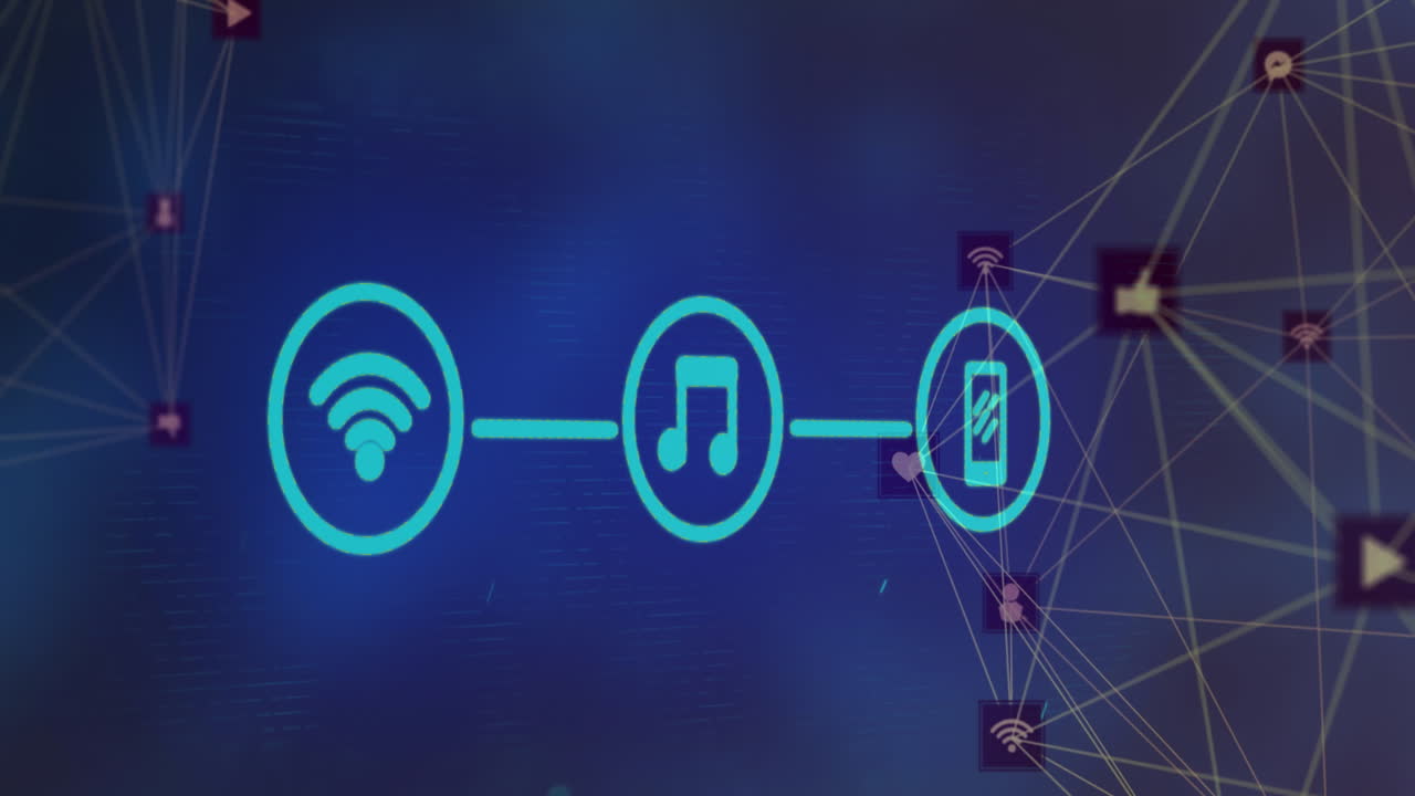 Animazione di icone digitali e reti su sfondo blu