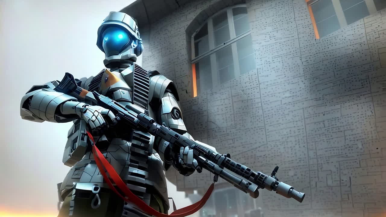 Futuristic Robot Soldier in Urban Setting