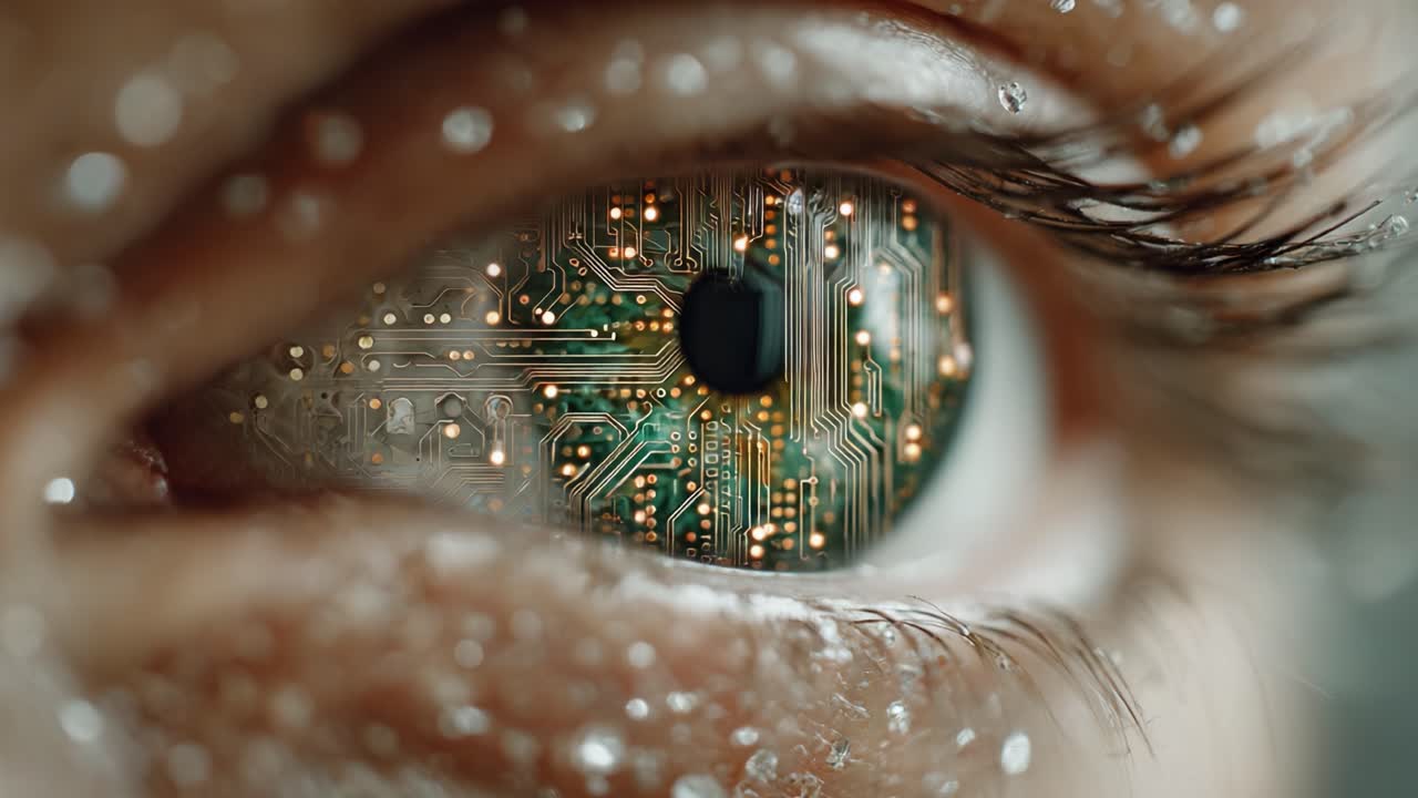 A Captivating Close-Up of a Human Eye Revealing Intricate Circuitry and Data Patterns, Blending Nature with Technology in a Stunning Visual Fusion