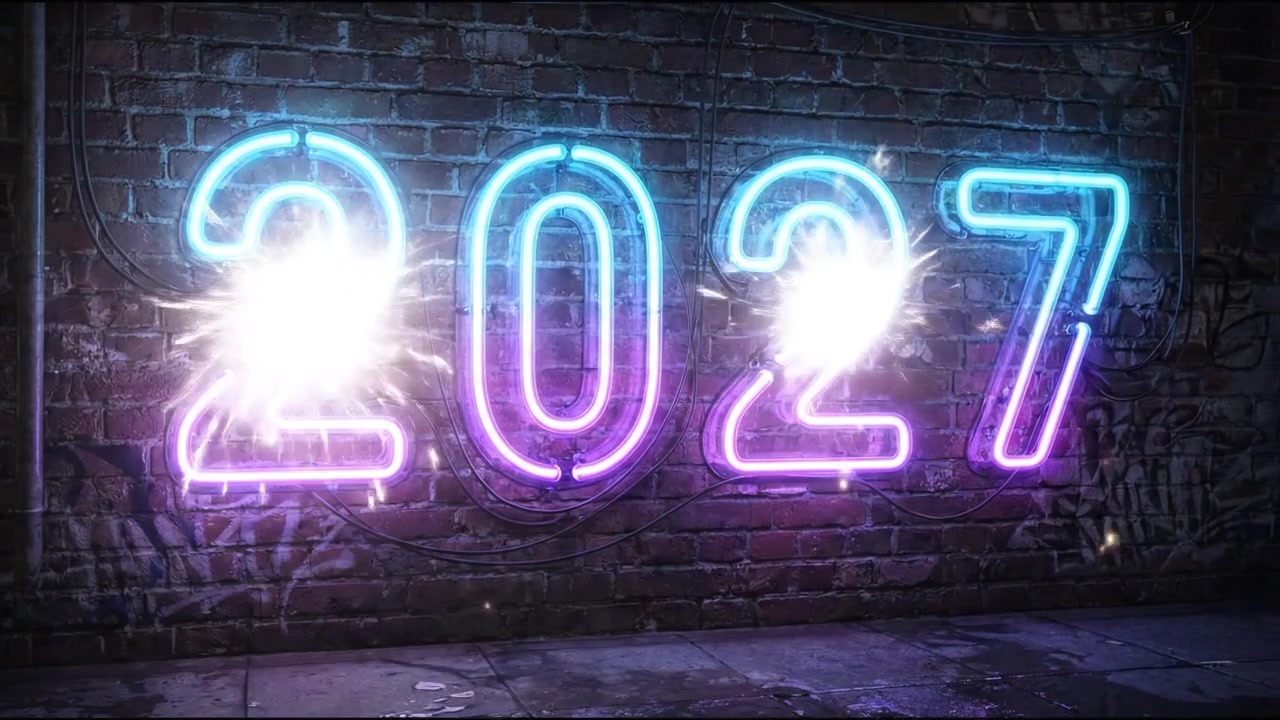 Decorative 2027 number motion graphic with purple cyan neon typography