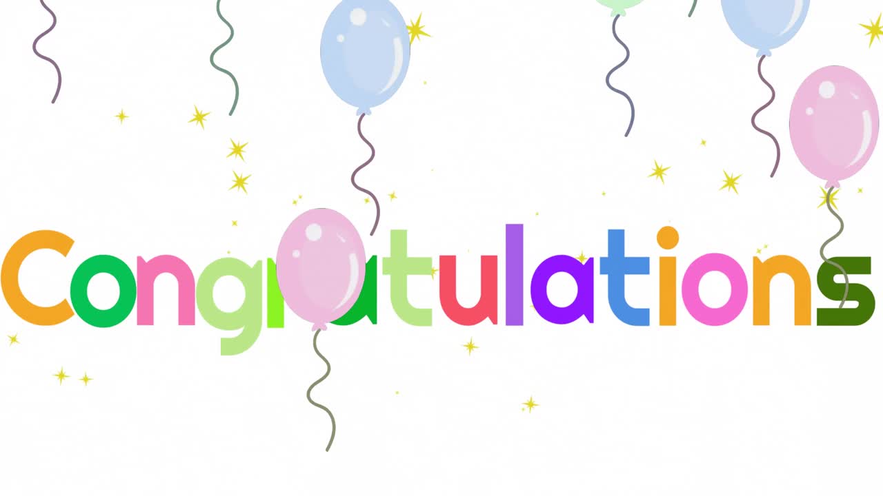 ⁇  배경 에 있는 별 과 풍선 위 에 있는 축하 문자 의 애니메이션