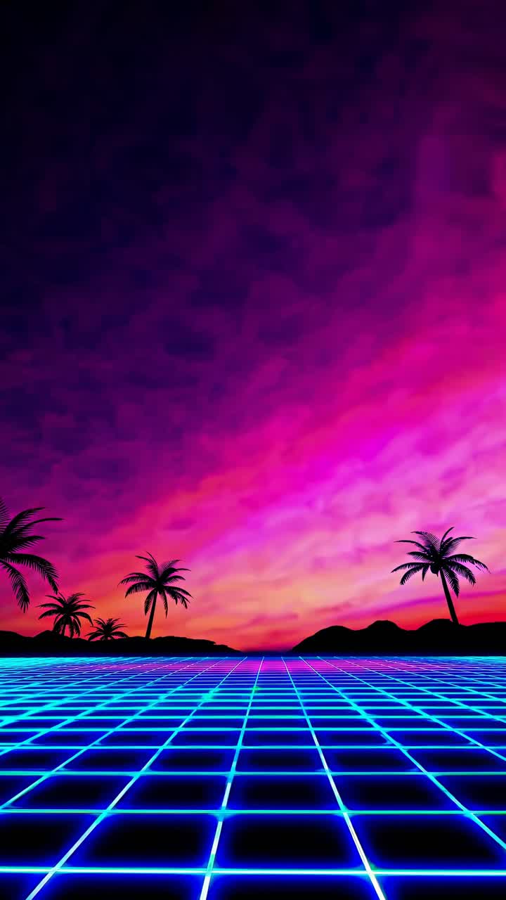 Un concept video retro-futuristico con una vista dal basso di un paesaggio a griglia neon, palme.