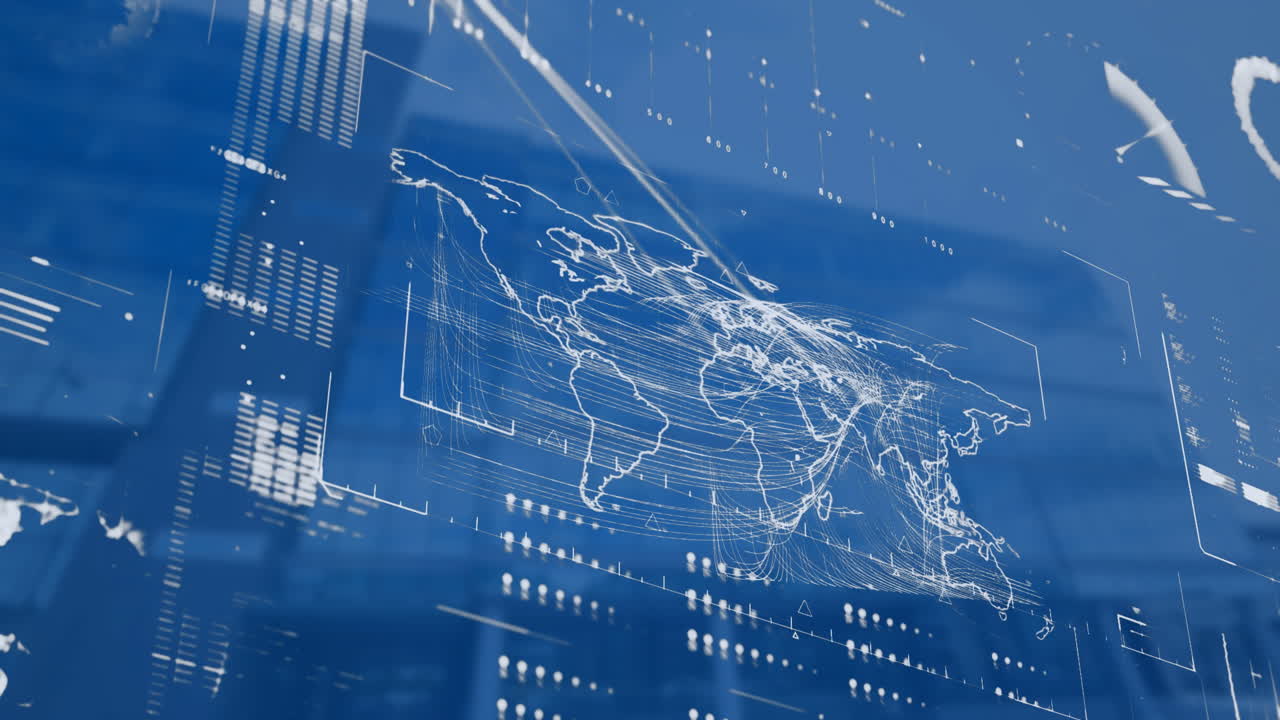 높은 건물의 낮은 각도 뷰에 대한 세계 지도에 대한 데이터 처리 인터페이스의 애니메이션