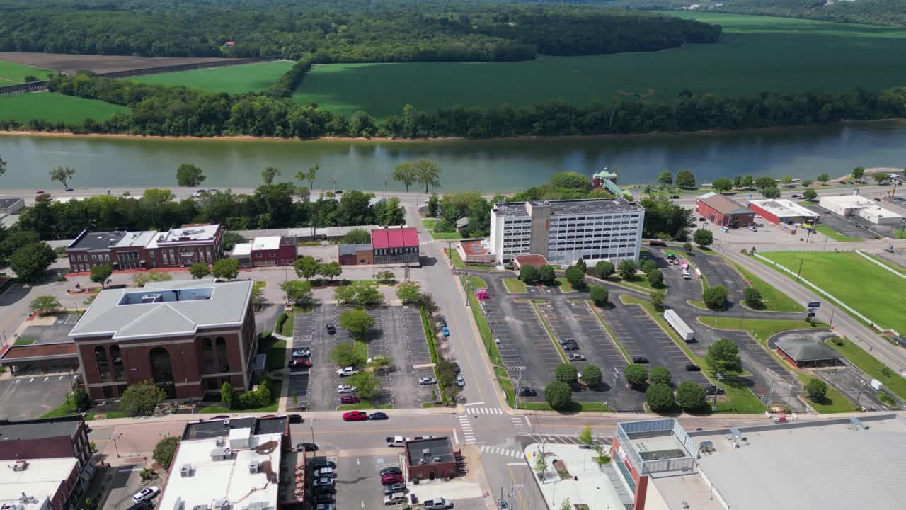 Flying toward the Cumberland River across downtown Clarksville Tennessee
