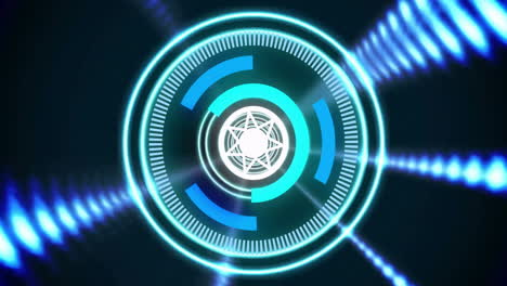 animación de interfaz futurista giratoria con elementos circulares azules y blancos brillantes