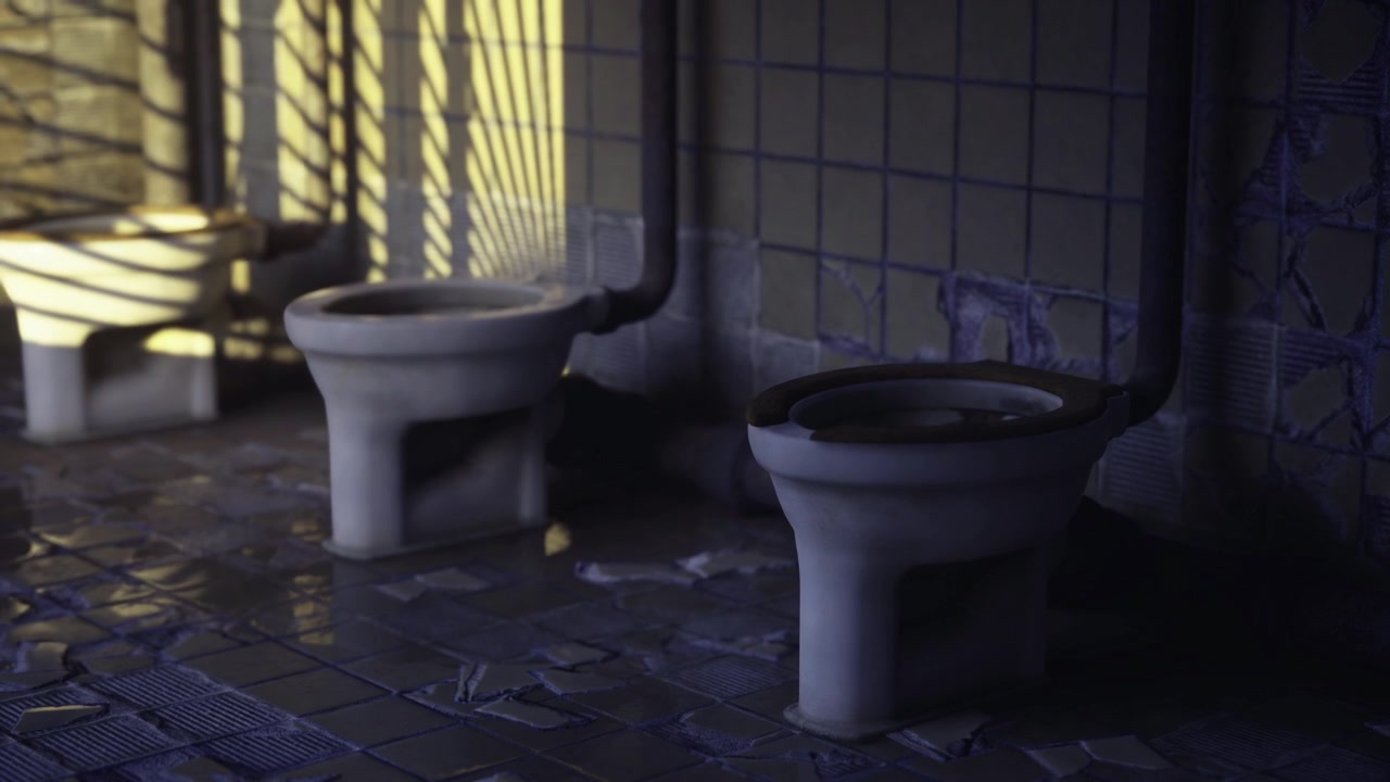 Moody bathroom with rusted fixtures and cinematic atmosphere