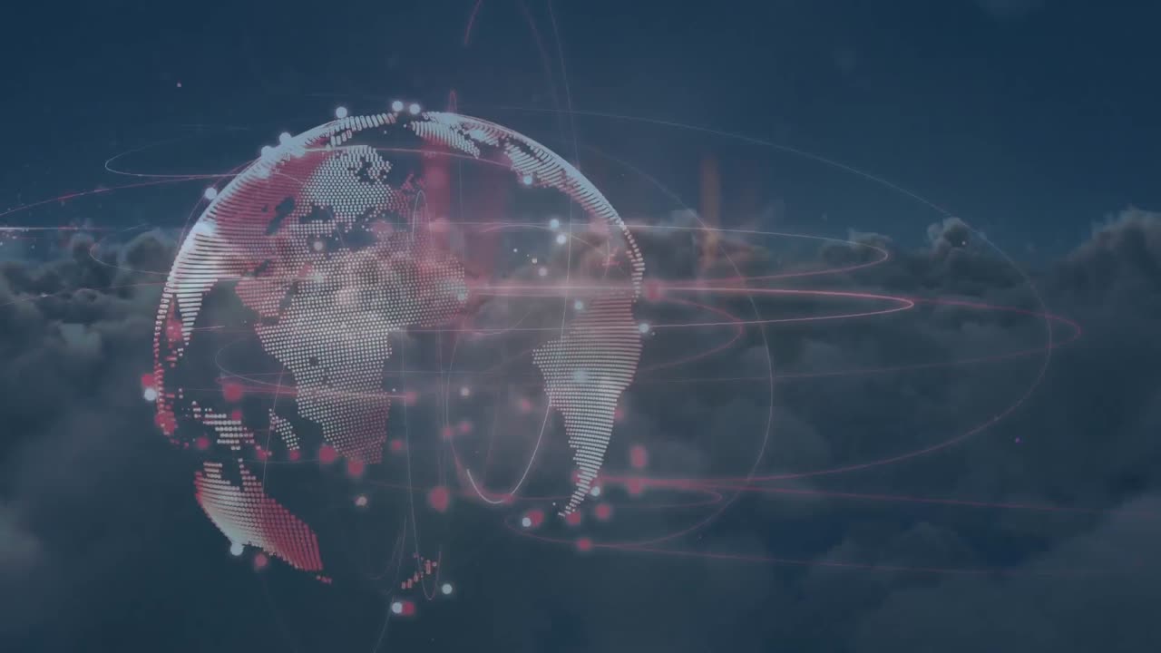 animación de la red de conexiones con el globo sobre nubes en el fondo