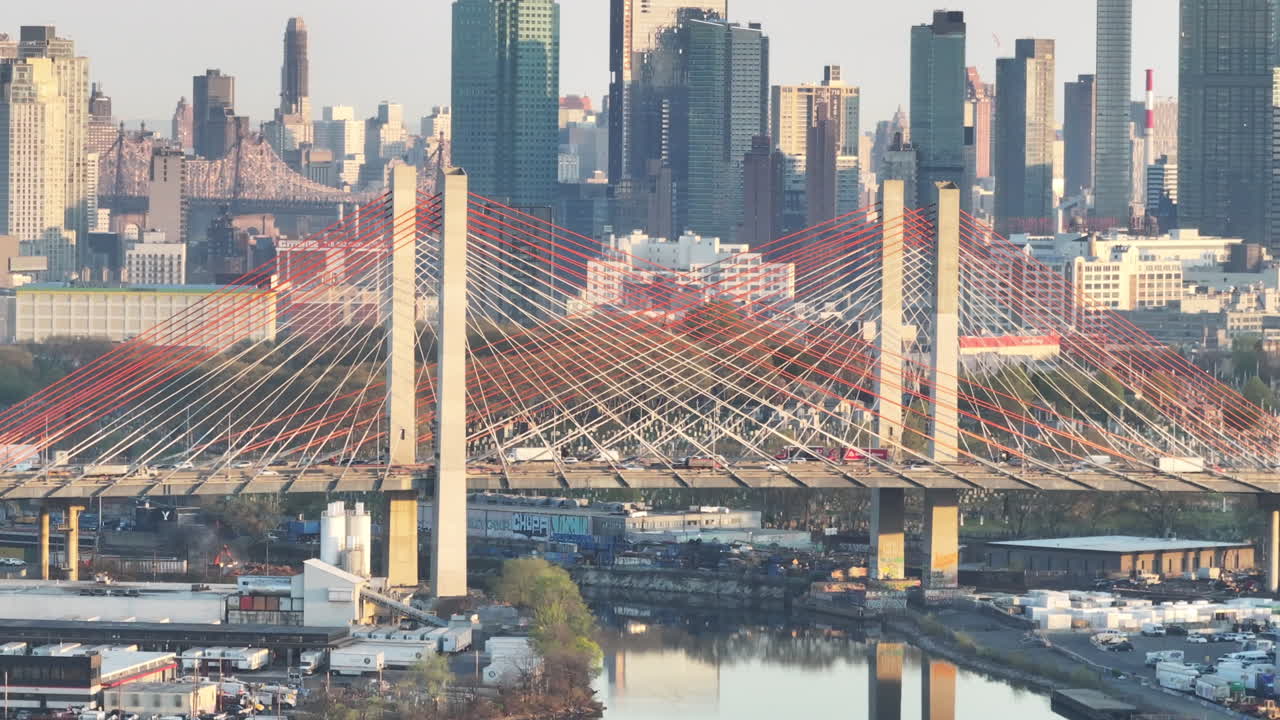 Aerial view of New York City's Kosciuszcko Bridge. Shot at sunrise