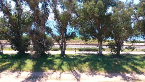 Antena-Sobre-El-Hombre-Corredor-De-Jogging-Ejercicio-A-Lo-Largo-De-Las-Vías-Del-Ferrocarril-Del-Sendero-Costero-Y-La-Costa-Del-Pacífico,-Cerca-De-Santa-Barbara-3